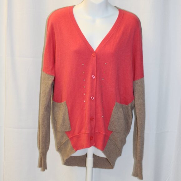 Garnet Hill Women’s Colorblock Cashmere Cardigan Size Medium Coral Pink and tan - Picture 1 of 16
